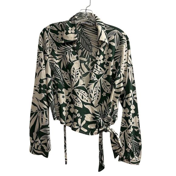 Stile Collection Women's Floral Wrap Blouse Green V-Neck Long Sleeve S - Picture 1 of 12
